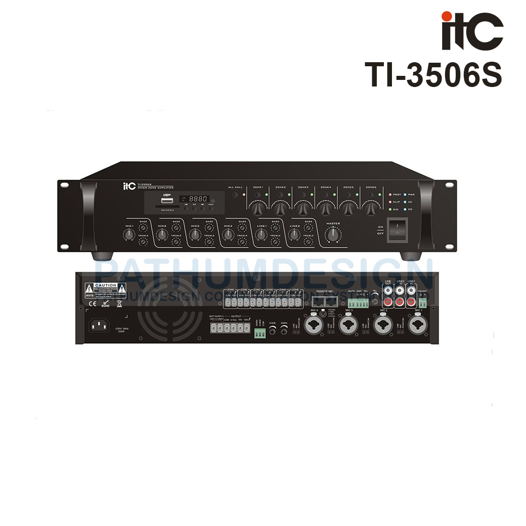 ITC TI-3506S 350W, 6 Zone mixer amplifier with MP3/Tuner/Bluetooth&USB, 4 mic inputs, 2 line inputs. ITC TI-3506S 350W, 6 Zone mixer amplifier with MP3/Tuner/Bluetooth&USB, 4 mic inputs, 2 line inputs.