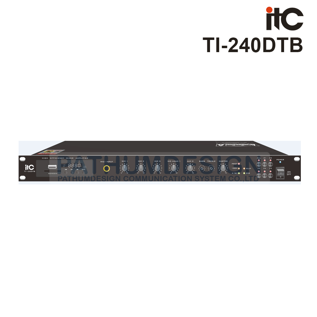 ITC TI-240DTB 5 Zone Class-D Mixer Mplifier 240W, with MP3/Tuner/Bluetooth & USB, 4 Mic, 2 Aux, 1 Emc ITC TI-240DTB 5 Zone Class-D Mixer Mplifier 240W, with MP3/Tuner/Bluetooth & USB, 4 Mic, 2 Aux, 1 Emc
