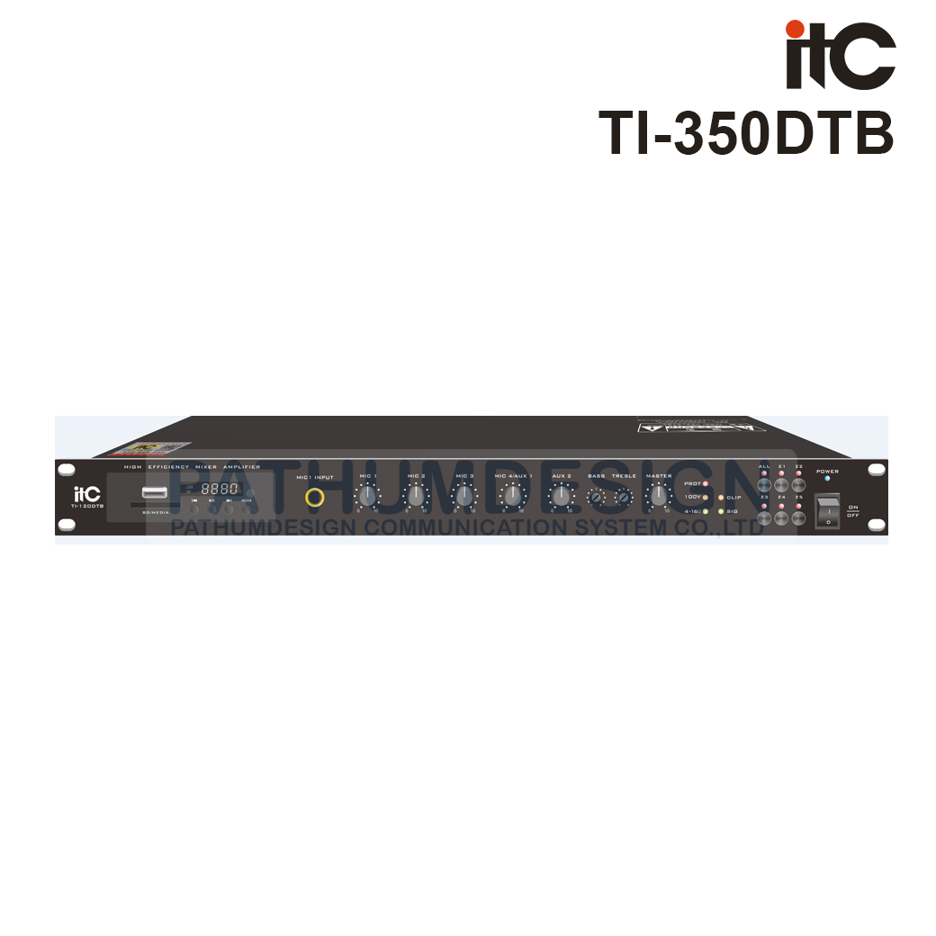ITC TI-350DTB 5 Zone Class-D Mixer Amplifier 240W with MP3/Tuner/Bluetooth & USB 4 mic, 2 Aux, 1 Emc ITC TI-350DTB 5 Zone Class-D Mixer Amplifier 240W with MP3/Tuner/Bluetooth & USB 4 mic, 2 Aux, 1 Emc
