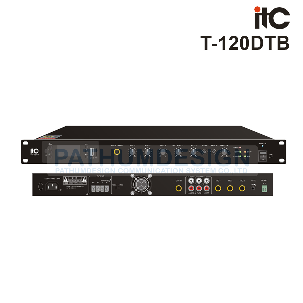 ITC T-120DTB 120W Mixer Amplifier Class-D with MP3/Tuner/Bluetooth&USB 4 mic, 2 aux, 1 Emc ITC T-120DTB 120W Mixer Amplifier Class-D with MP3/Tuner/Bluetooth&USB 4 mic, 2 aux, 1 Emc