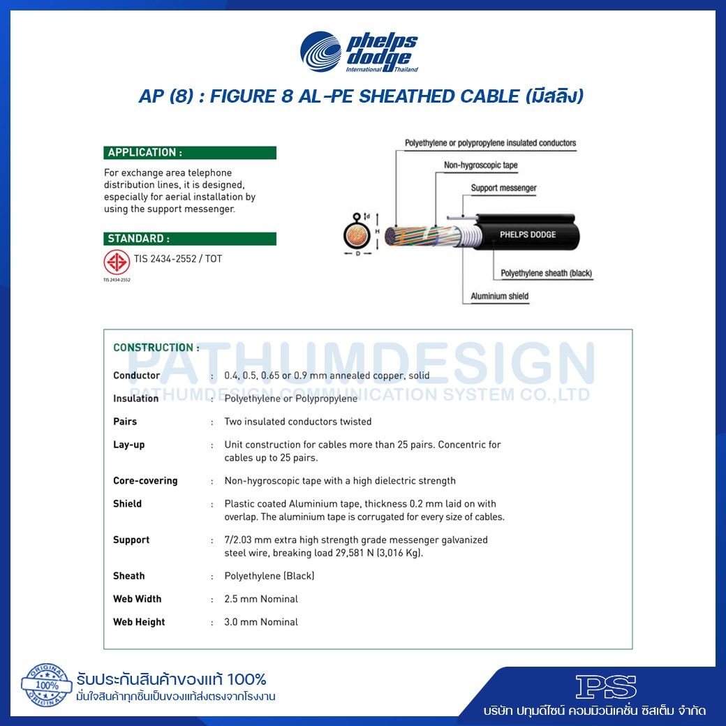 สายโทรศัพท์ภายนอก ยี่ห้อ Phelps Dodge ขนาด 10 - 200 คู่สาย